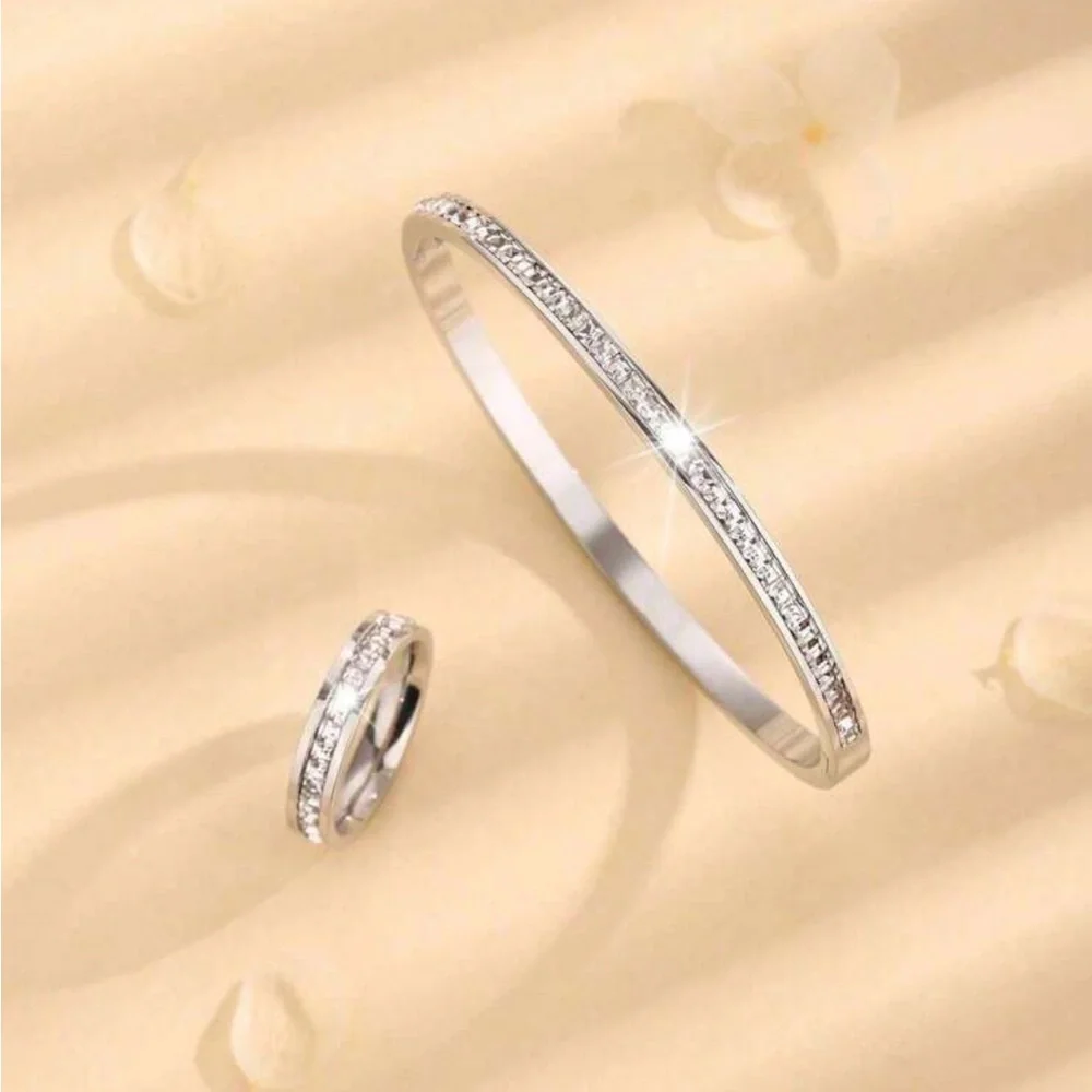 Exquisite 2 pc Set Stainless Steel Square Cubic Zirconia Bangle And Ring - Picture 3 of 4
